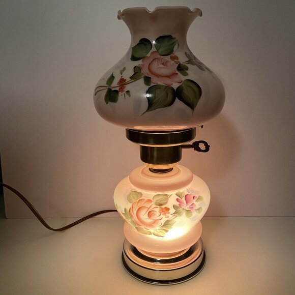Vintage Hurricane Lamp 12.5” Pink Floral Hand Painted Glass Brass Electric - Picture 4 of 10